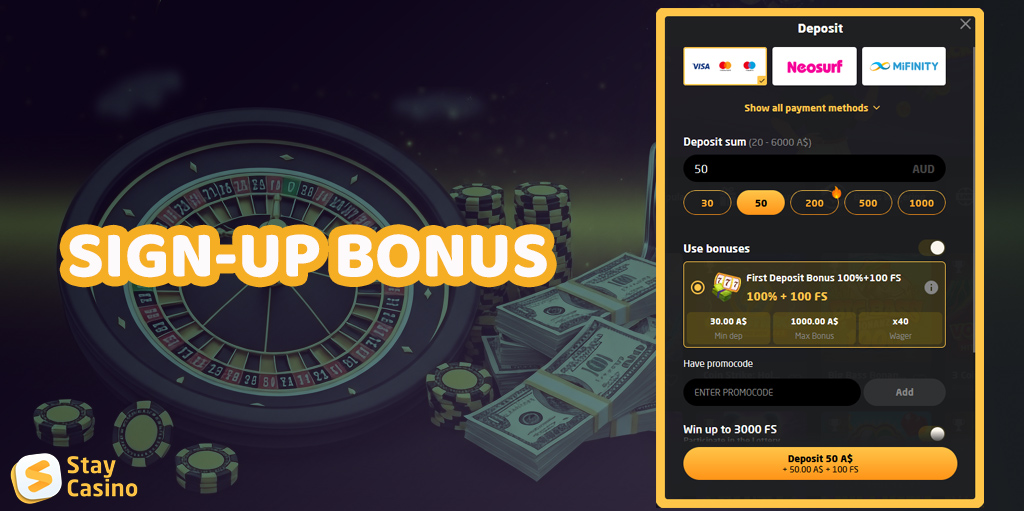 StayCasino registration bonus is a cash reward and free spins.